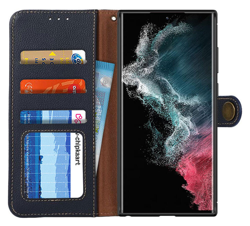 KHAZNEH Samsung Galaxy S22 Ultra Hoesje RFID Book Case Echt Leer Blauw afbeelding 1