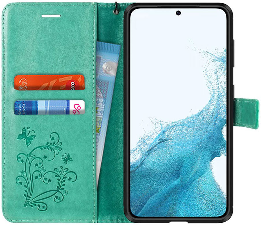 Samsung Galaxy S22 Hoesje Wallet Case met Koord Vlinder Print Groen afbeelding 1