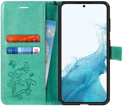 Samsung Galaxy S22 Hoesje Wallet Case met Koord Vlinder Print Groen afbeelding 1