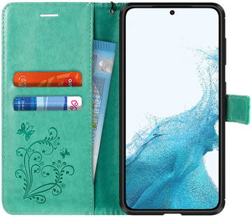 Samsung Galaxy S22 Hoesje Wallet Case met Koord Vlinder Print Groen