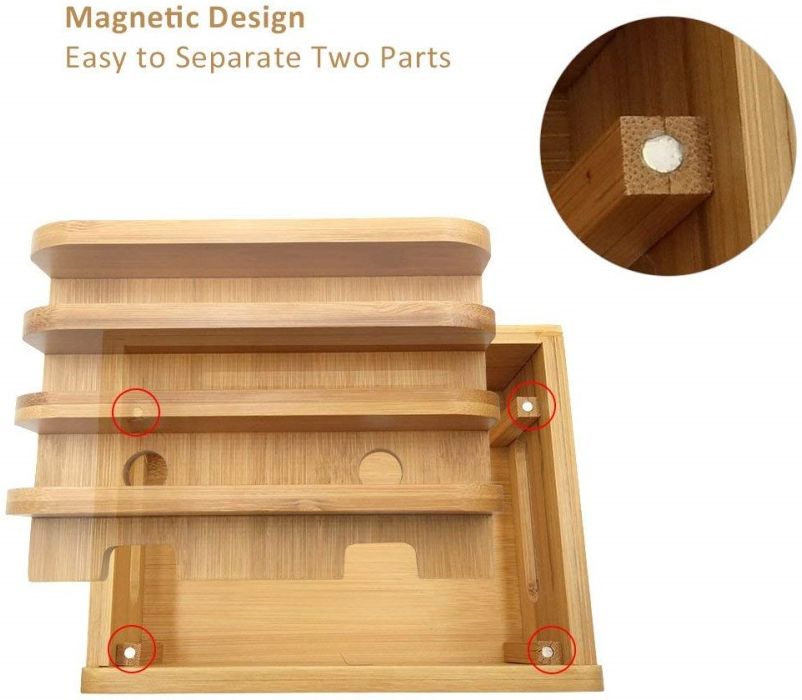 Houten Multifunctionele Telefoon en Tablet Organizer met Sleutelbakje afbeelding 2