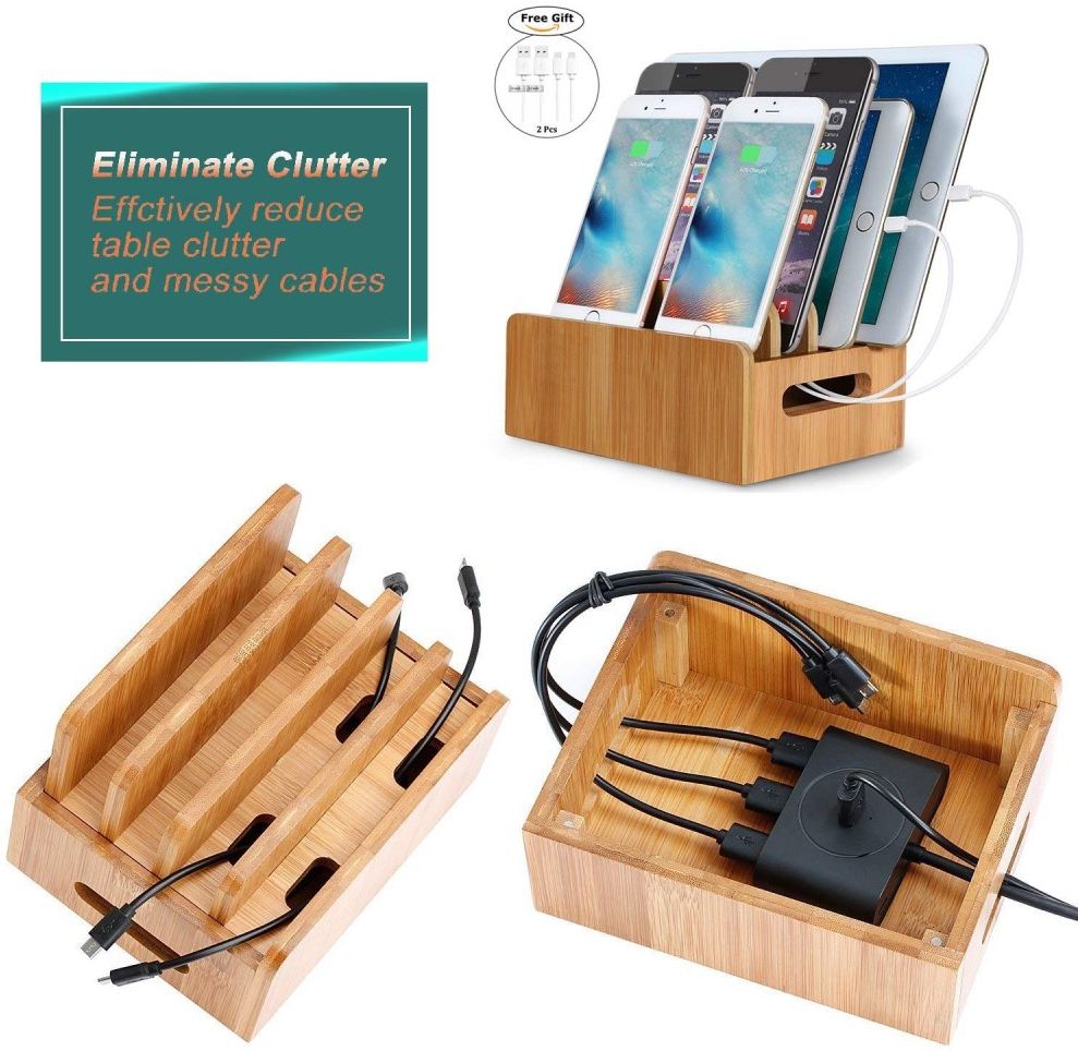 Houten Multifunctionele Telefoon en Tablet Organizer met Sleutelbakje afbeelding 7