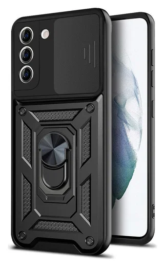 Samsung Galaxy S21 FE Hoesje Camera Slider en Kickstand Ring Zwart afbeelding 1