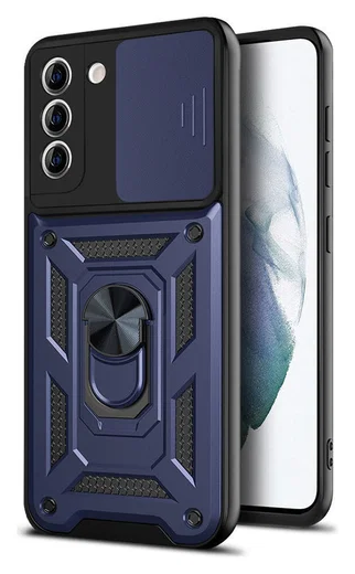 Samsung Galaxy S21 FE Hoesje Camera Slider en Kickstand Ring Blauw afbeelding 1