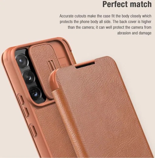 Nillkin Qin Samsung Galaxy S22 Plus Hoesje met Camera Slider Bruin afbeelding 10