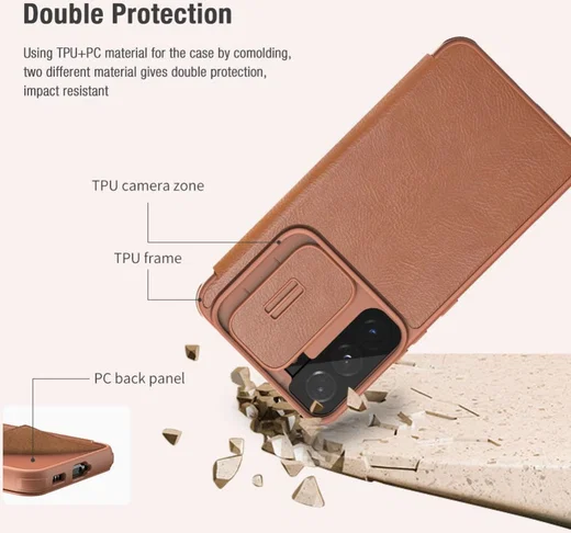 Nillkin Qin Samsung Galaxy S22 Plus Hoesje met Camera Slider Bruin afbeelding 6