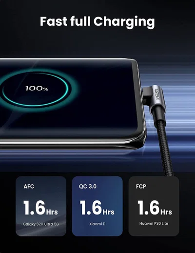 UGREEN 90° Haakse USB-A naar USB-C Kabel 3A Fast Charge 1 Meter Zwart afbeelding 4