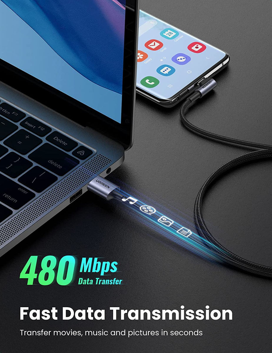 UGREEN 90° Haakse USB-A naar USB-C Kabel 3A Fast Charge 1 Meter Zwart afbeelding 5