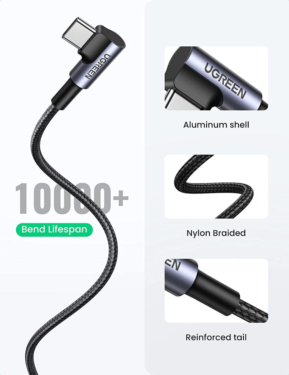 UGREEN 90° Haakse USB-A naar USB-C Kabel 3A Fast Charge 1 Meter Zwart afbeelding 7