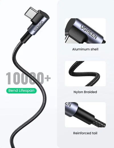 UGREEN 90° Haakse USB-A naar USB-C Kabel 3A Fast Charge 1 Meter Zwart afbeelding 7