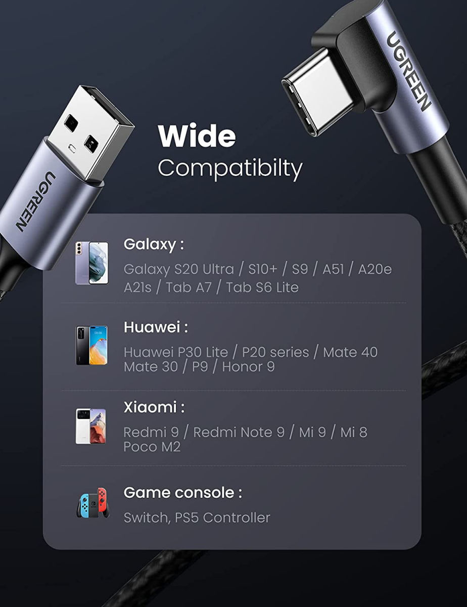 UGREEN 90° Haakse USB-A naar USB-C Kabel 3A Fast Charge 1 Meter Zwart afbeelding 8