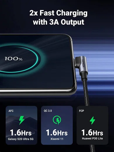 UGREEN 90° Dubbel Haakse USB-A naar USB-C Kabel 3A 1 Meter Zwart afbeelding 4