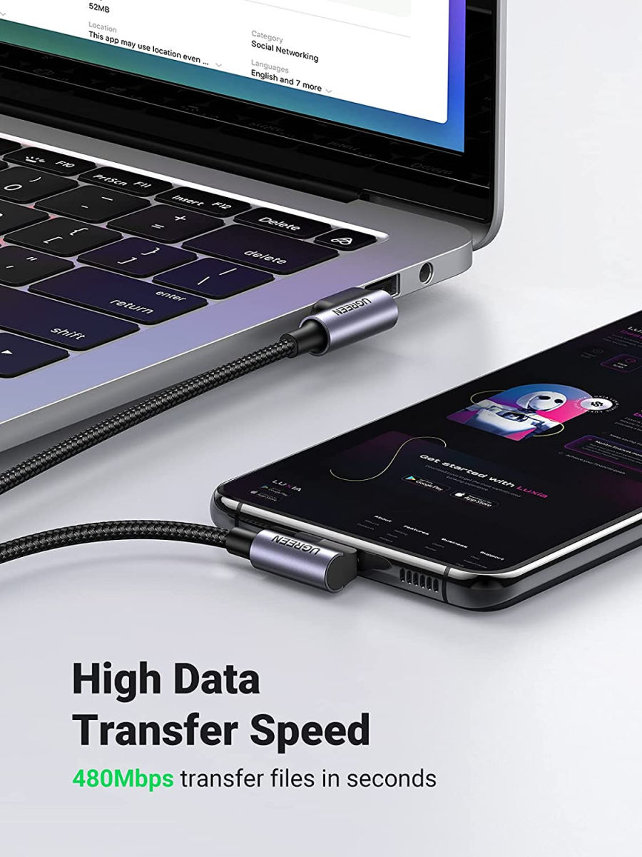 UGREEN 90° Dubbel Haakse USB-A naar USB-C Kabel 3A 1 Meter Zwart afbeelding 5