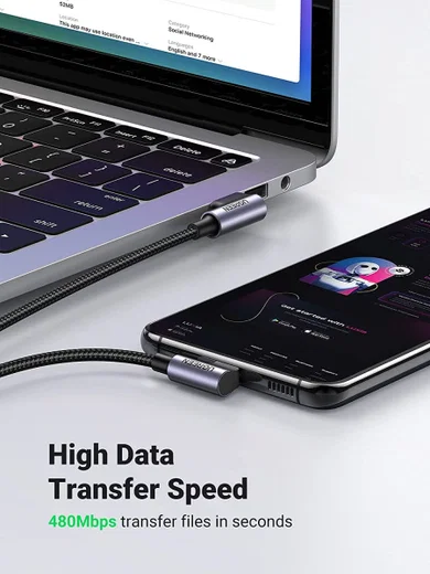 UGREEN 90° Dubbel Haakse USB-A naar USB-C Kabel 3A 1 Meter Zwart afbeelding 5