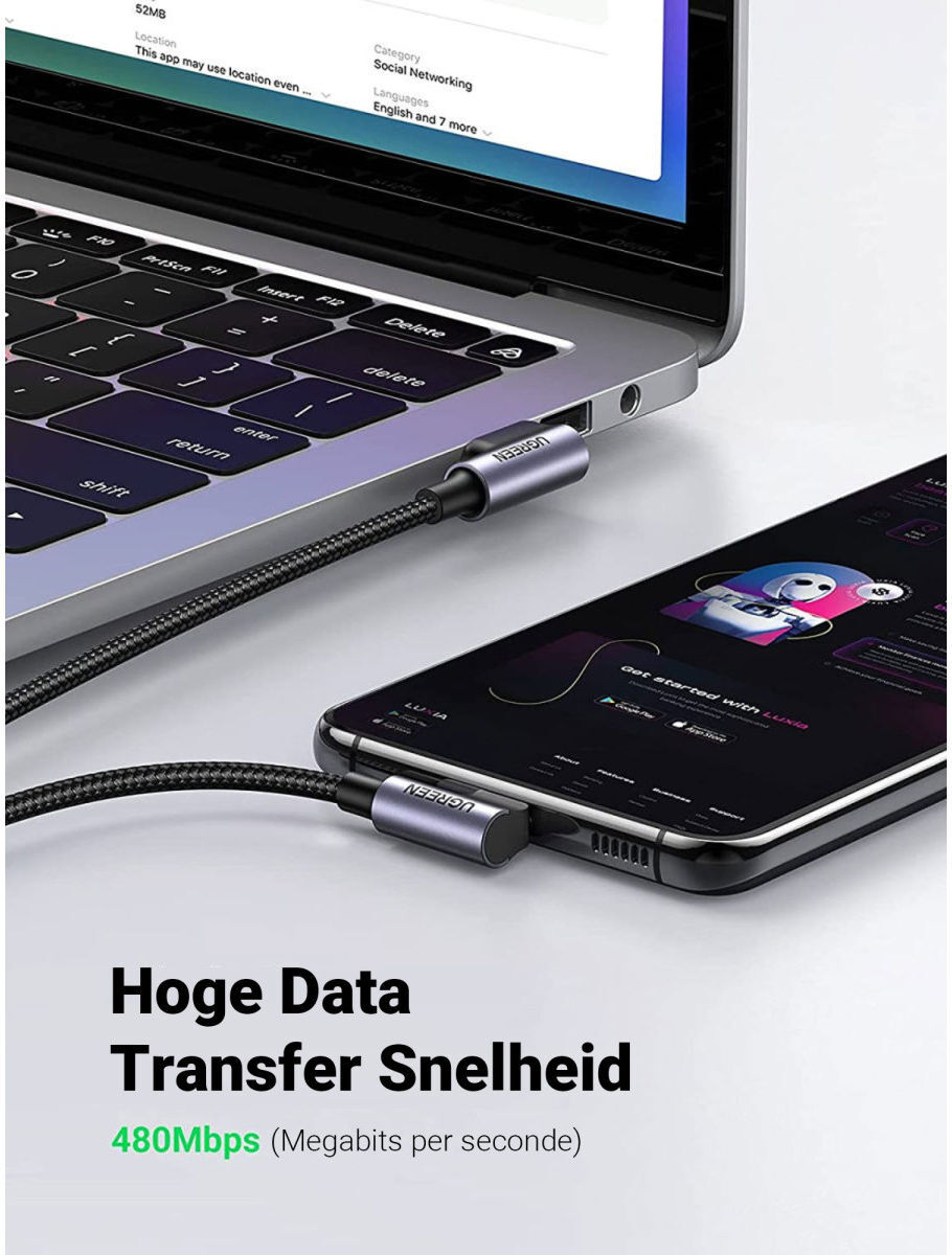 UGREEN 90° Dubbel Haakse USB-A naar USB-C Kabel 3A 2 Meter Zwart afbeelding 4