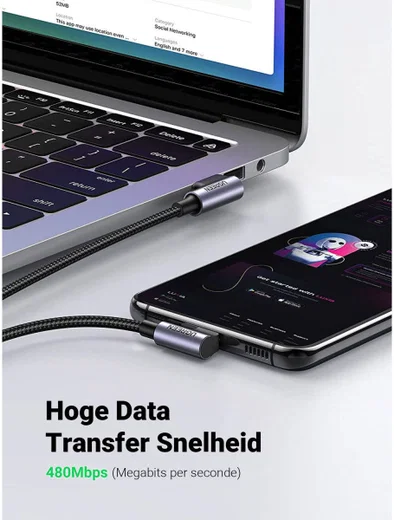 UGREEN 90° Dubbel Haakse USB-A naar USB-C Kabel 3A 2 Meter Zwart afbeelding 4