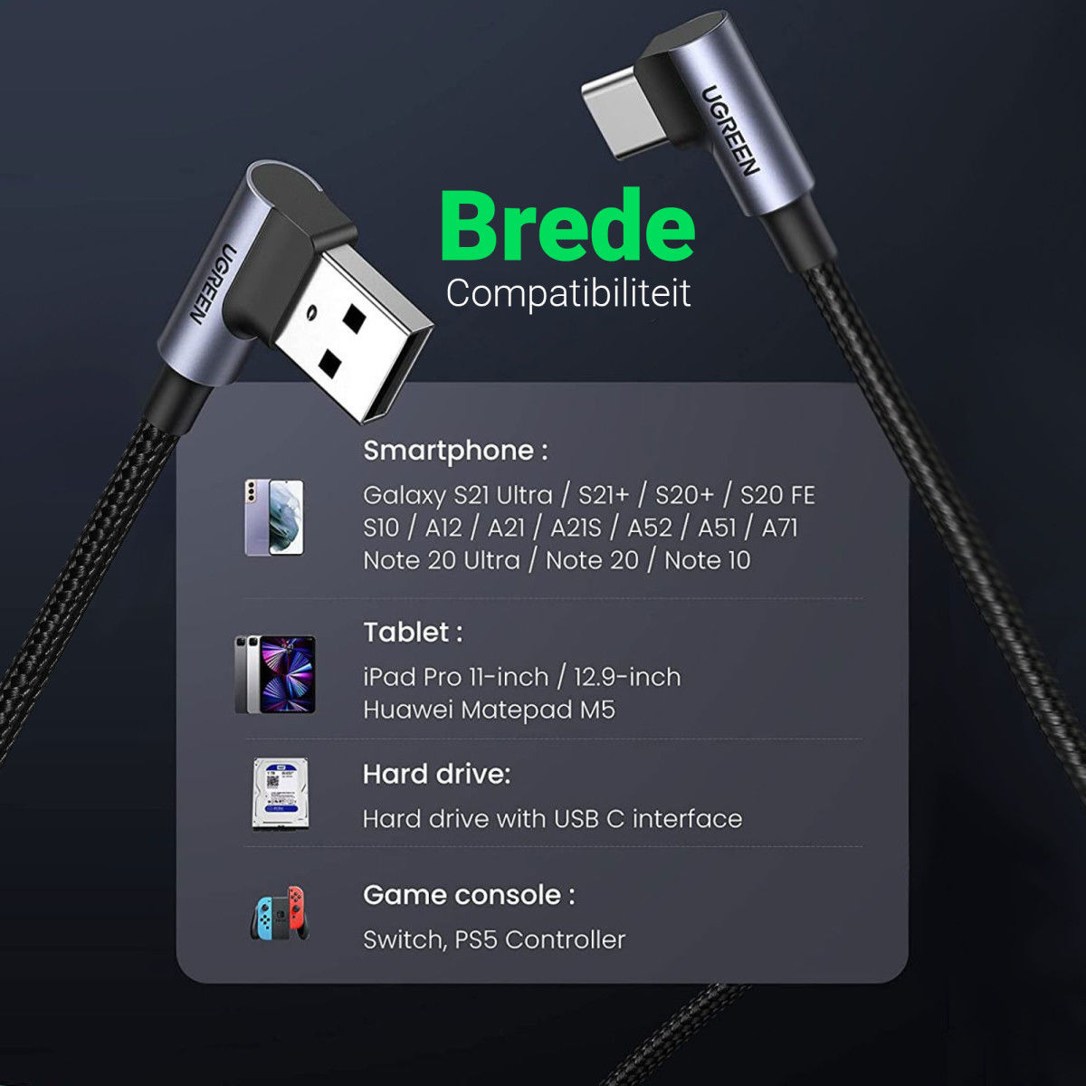 UGREEN 90° Dubbel Haakse USB-A naar USB-C Kabel 3A 2 Meter Zwart afbeelding 7