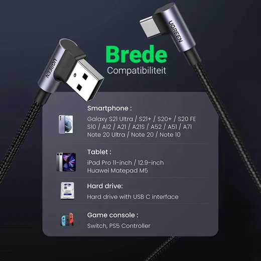 UGREEN 90° Dubbel Haakse USB-A naar USB-C Kabel 3A 2 Meter Zwart afbeelding 7