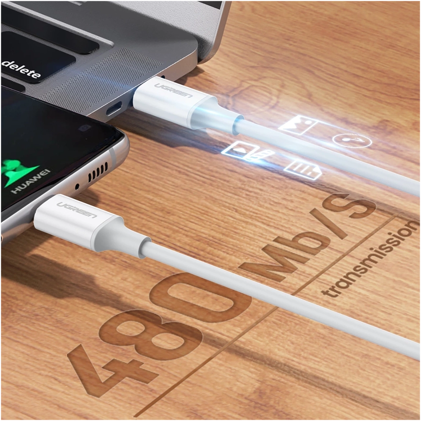 UGREEN USB-C naar USB-C Kabel 60W Data en Oplaadkabel 1.5M Wit afbeelding 4