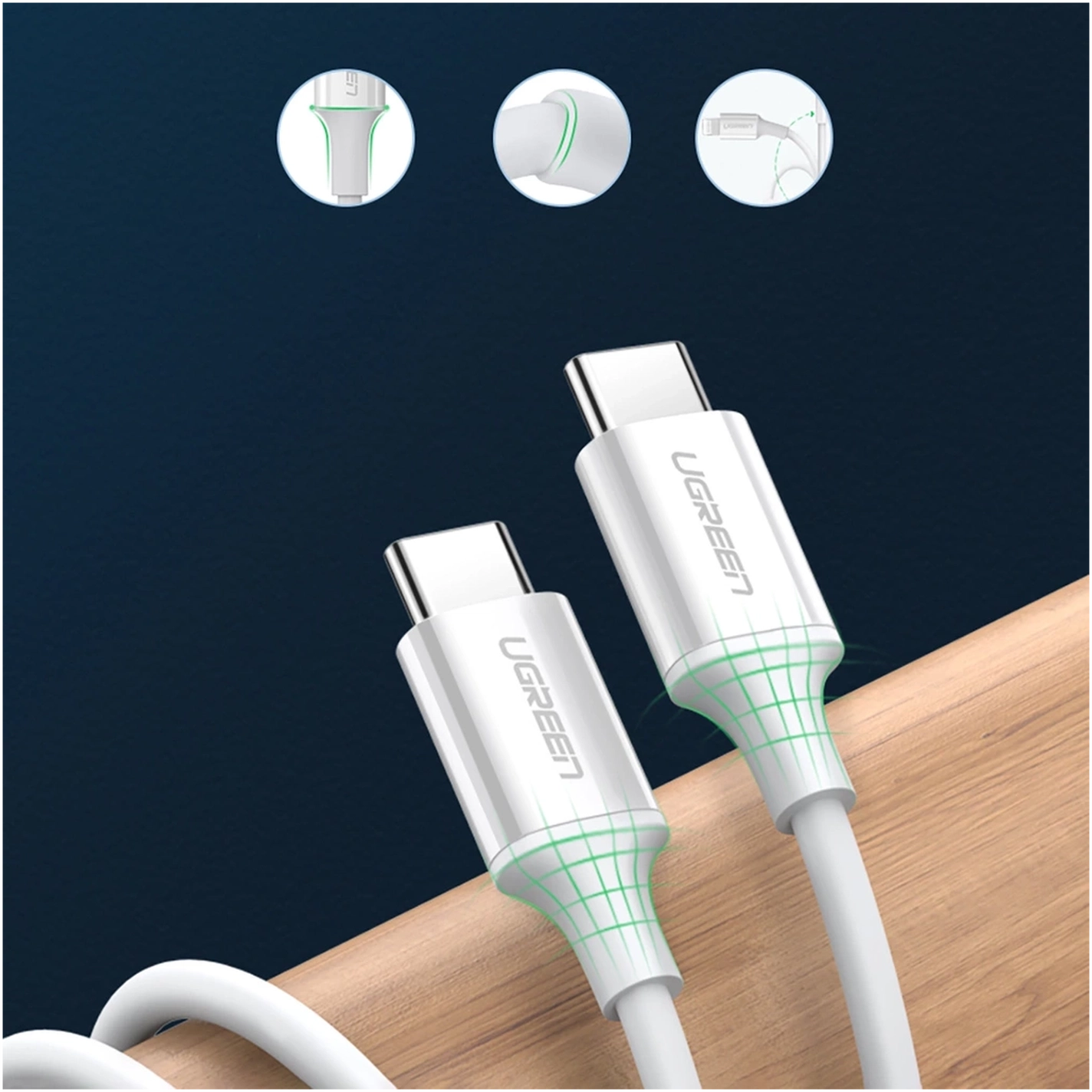 UGREEN USB-C naar USB-C Kabel 60W Data en Oplaadkabel 1.5M Wit afbeelding 7