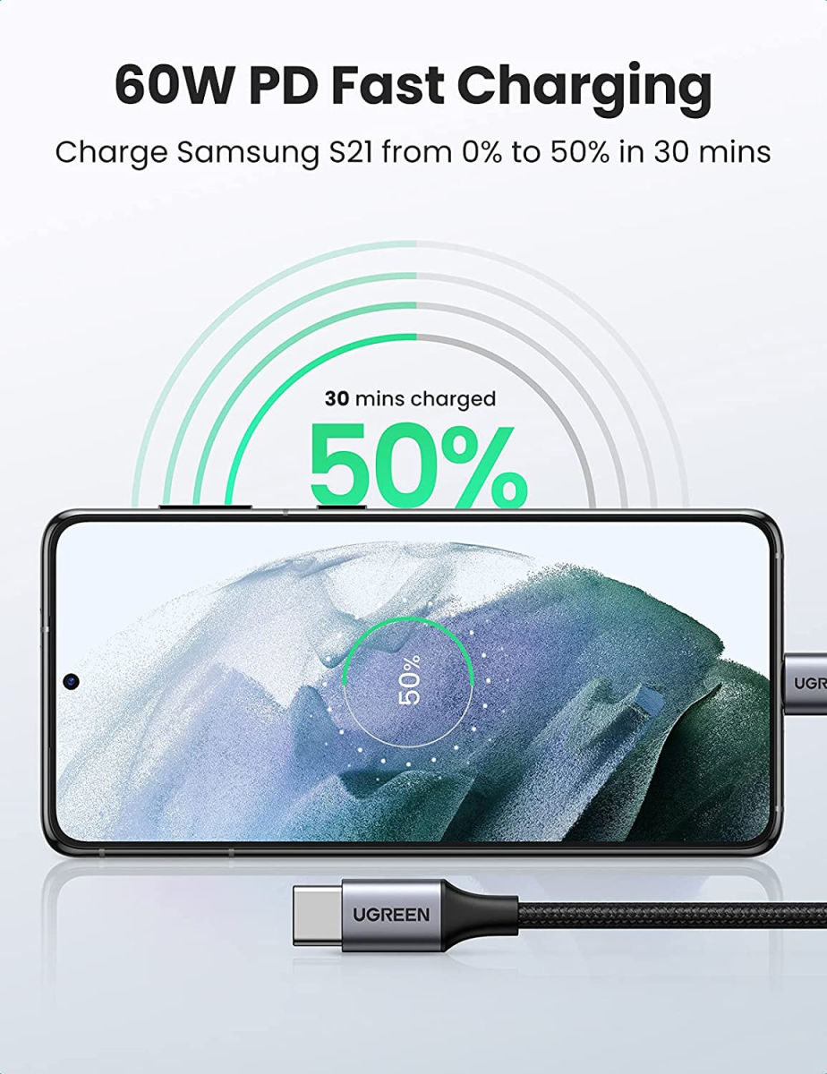 UGREEN Gevlochten USB-C naar USB-C Kabel 60W PD Charge 0,5 Meter Zwart afbeelding 2