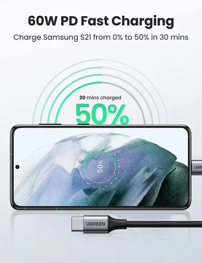 UGREEN Gevlochten USB-C naar USB-C Kabel 60W PD Charge 0,5 Meter Zwart afbeelding 2