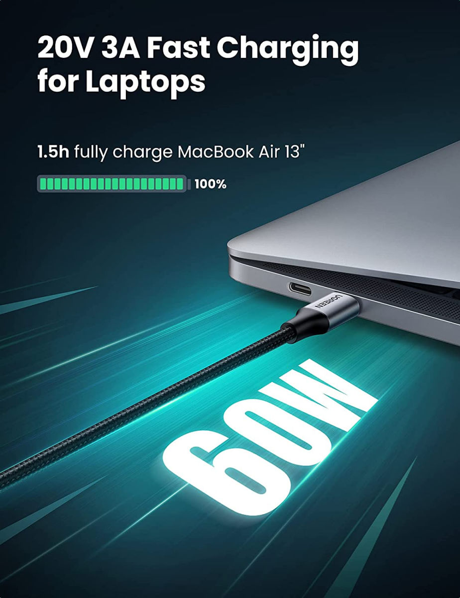UGREEN Gevlochten USB-C naar USB-C Kabel 60W PD Charge 0,5 Meter Zwart afbeelding 5