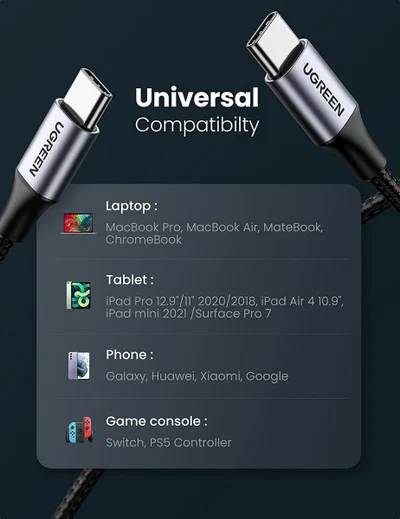 UGREEN Gevlochten USB-C naar USB-C Kabel 60W PD Charge 0,5 Meter Zwart afbeelding 7