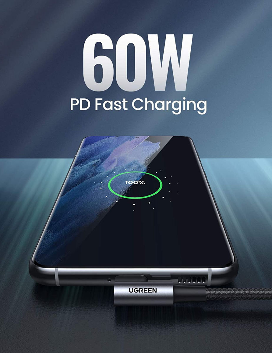 UGREEN 90° Dubbel Haakse USB-C naar USB-C Kabel 60W PD 1 Meter Zwart afbeelding 2