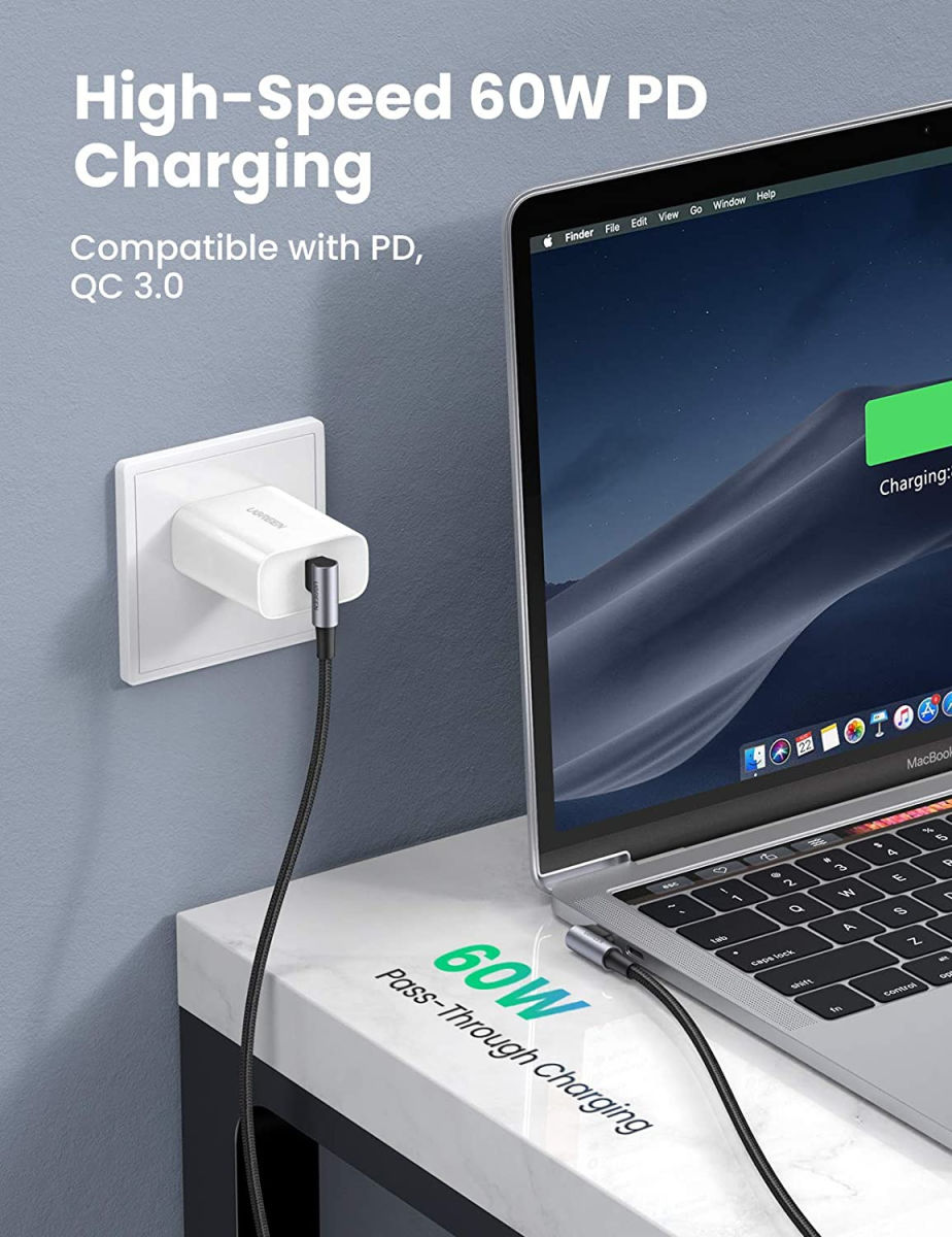 UGREEN 90° Dubbel Haakse USB-C naar USB-C Kabel 60W PD 1 Meter Zwart afbeelding 3
