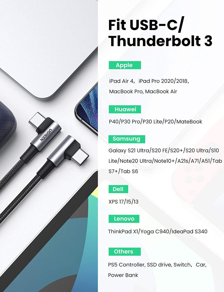 UGREEN 90° Dubbel Haakse USB-C naar USB-C Kabel 60W PD 1 Meter Zwart afbeelding 6