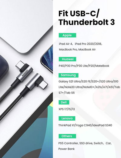 UGREEN 90° Dubbel Haakse USB-C naar USB-C Kabel 60W PD 1 Meter Zwart afbeelding 6