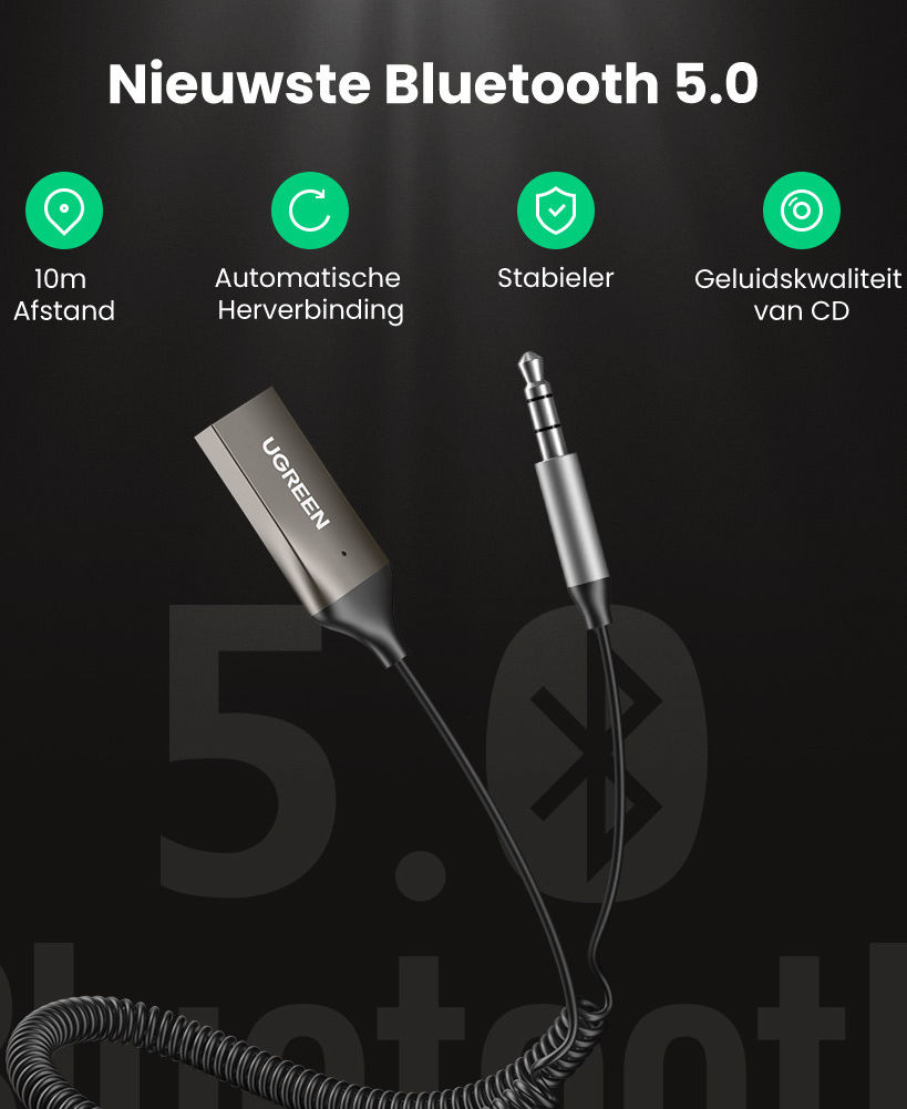 UGREEN Bluetooth Receiver Auto Audio Aux naar USB Kabel Grijs afbeelding 6