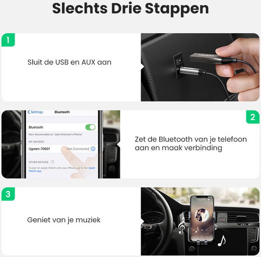 UGREEN Bluetooth Receiver Auto Audio Aux naar USB Kabel Grijs afbeelding 8