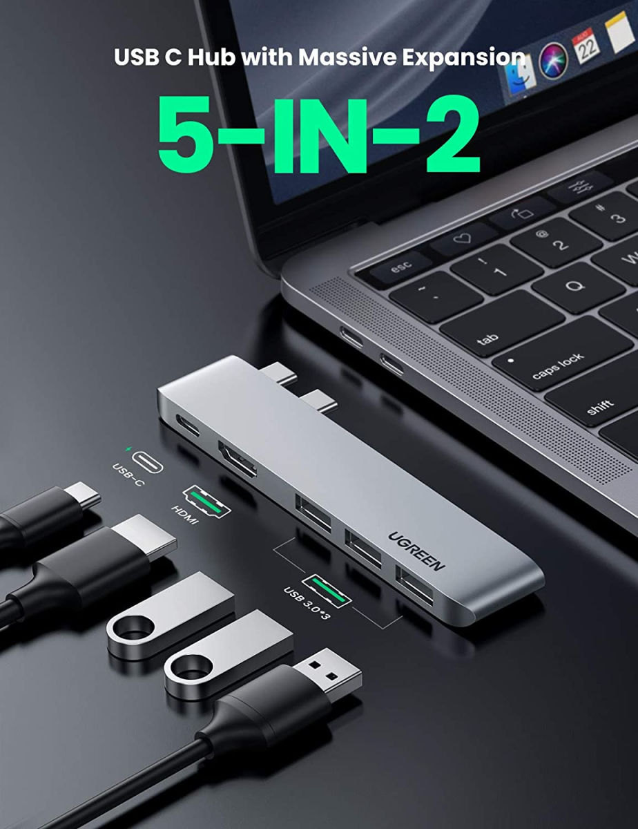 UGREEN 5-in-2 Hub Adapter Met USB-C / HDMI en USB-A Ingang Space Gray afbeelding 2