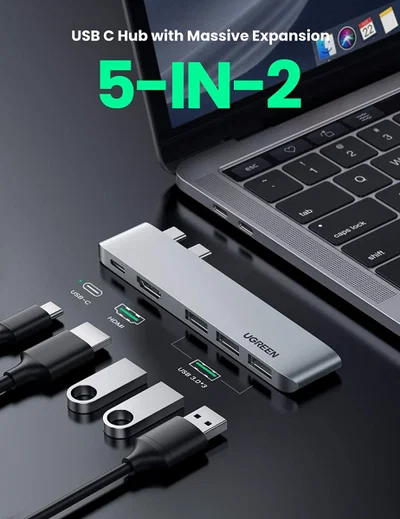 UGREEN 5-in-2 Hub Adapter Met USB-C / HDMI en USB-A Ingang Space Gray afbeelding 2