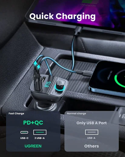 UGREEN Bluetooth FM Transmitter met USB-A / USB-C 30W Autolader Zwart afbeelding 2