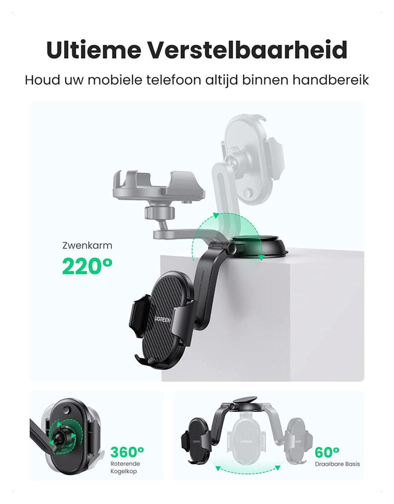 UGREEN Dashboard Telefoon Houder Zuignap Universeel en Verstelbaar afbeelding 5