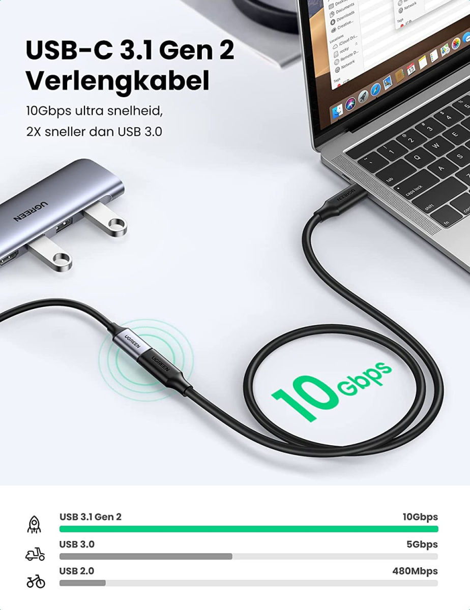 UGREEN USB-C Mannelijke naar USB-C Vrouwelijke Verlengkabel 1m Zwart afbeelding 3
