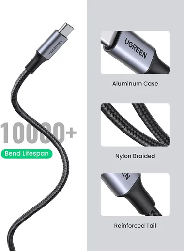UGREEN Gevlochten USB-A naar USB-C Kabel 3A Fast Charge 2 Meter Zwart afbeelding 8
