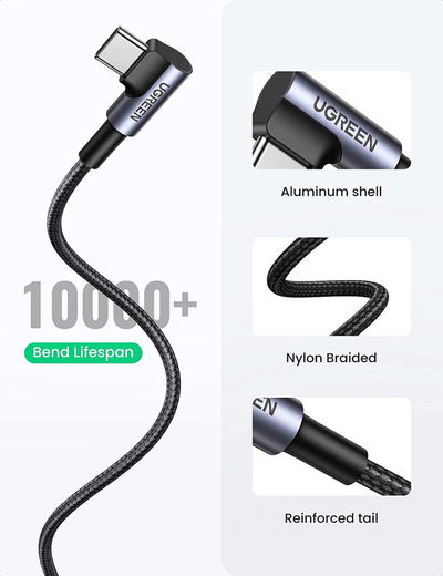UGREEN 90° Haakse USB-A naar USB-C Kabel 3A Fast Charge 2 Meter Zwart afbeelding 7
