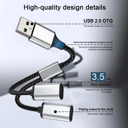 4Smarts 2-in-1 USB-A naar USB-C Gevlochten Kabel 20 CM Zwart afbeelding 7