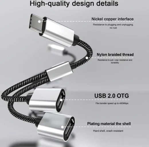 4Smarts 2-In-1 USB-C naar USB-A Gevlochten Kabel 20 CM Grijs afbeelding 4