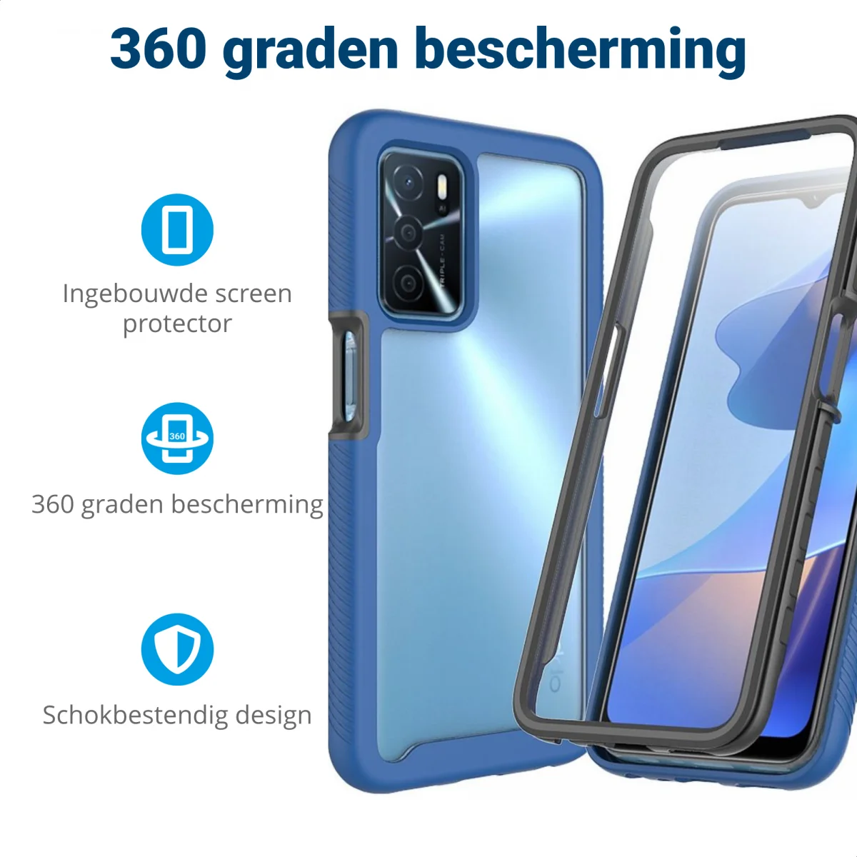 Oppo A16 / A16s / A54s Hoesje Full Protect 360° Cover Hybride Blauw afbeelding 2