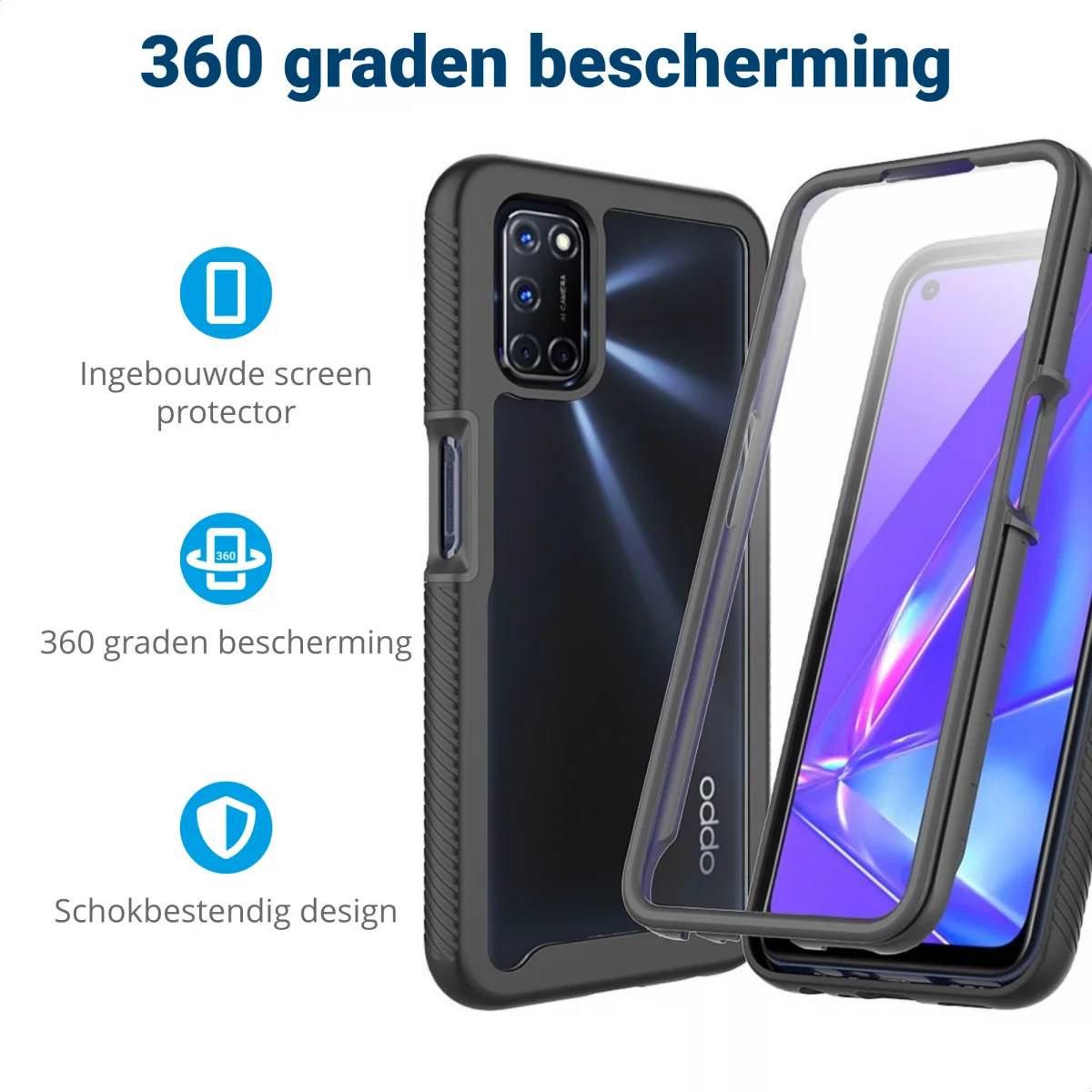 Oppo A52 / A72 Hoesje Full Protect 360° Cover Hybride Zwart afbeelding 2