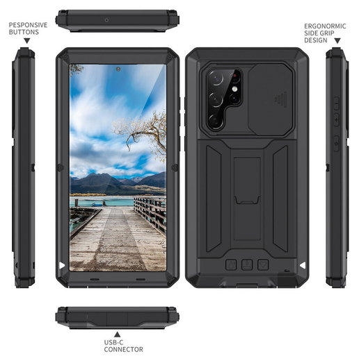 R-Just Sliding Camera Samsung Galaxy S22 Ultra Hoesje Waterdicht Zwart afbeelding 3