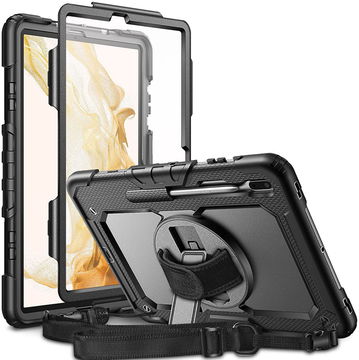 Samsung Galaxy Tab S7+ / S8+ Hoes met Screen Protector en Handriem Zwart