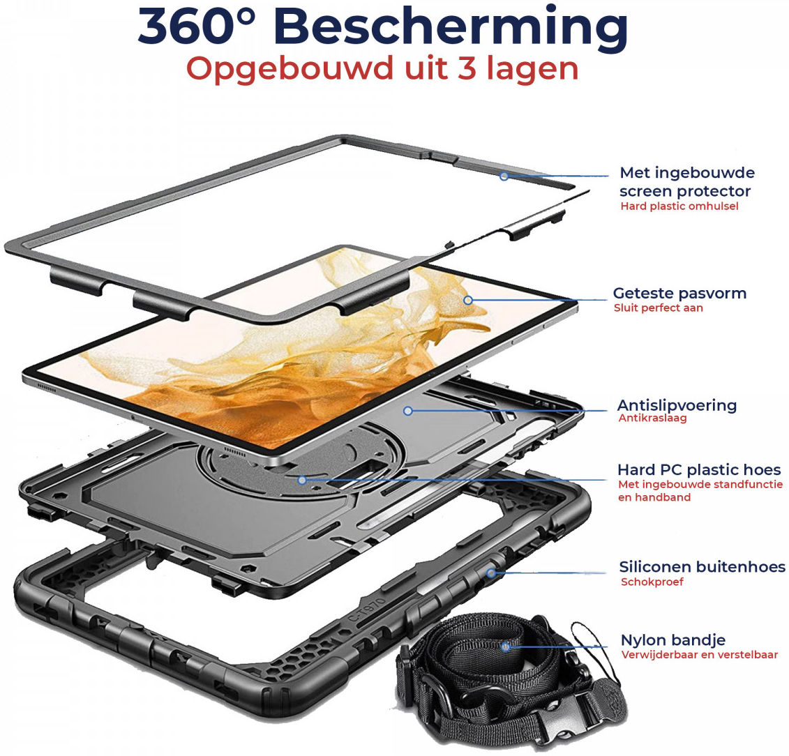 Samsung Galaxy Tab S7+ / S8+ Hoes met Screen Protector en Handriem Zwart afbeelding 2