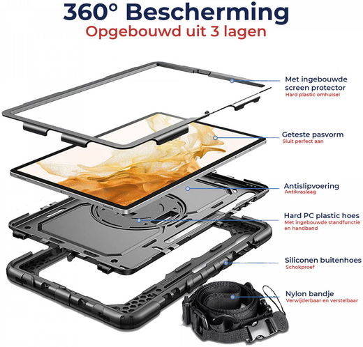 Samsung Galaxy Tab S7+ / S8+ Hoes met Screen Protector en Handriem Zwart afbeelding 2