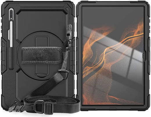 Samsung Galaxy Tab S8/S9/S10 Ultra Hoes met Screen Protector en Handriem Zwart afbeelding 9